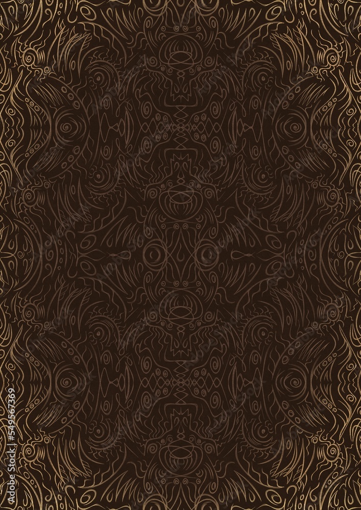 Hand-drawn unique abstract ornament. Light semi transparent brown on a dark brown background, with vignette of same pattern in golden glitter. Paper texture. Digital artwork, A4. (pattern: p03d) Hand-drawn unique abstract ornament. Light semi transparent brown on a dark brown background, with vignette of same pattern in golden glitter. Paper texture. Digital artwork, A4. (pattern: p03d)