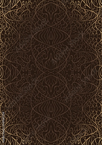 Hand-drawn unique abstract ornament. Light semi transparent brown on a dark brown background, with vignette of same pattern in golden glitter. Paper texture. Digital artwork, A4. (pattern: p02-2d)