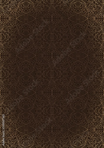Hand-drawn unique abstract ornament. Light semi transparent brown on a dark brown background, with vignette of same pattern in golden glitter. Paper texture. Digital artwork, A4. (pattern: p02-2e)