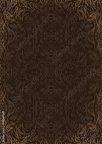 Hand-drawn unique abstract ornament. Light semi transparent brown on a dark brown background, with vignette of same pattern in golden glitter. Paper texture. Digital artwork, A4. (pattern: p03d)