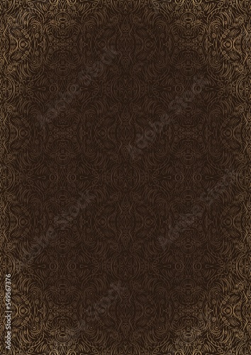 Hand-drawn unique abstract ornament. Light semi transparent brown on a dark brown background, with vignette of same pattern in golden glitter. Paper texture. Digital artwork, A4. (pattern: p03e)