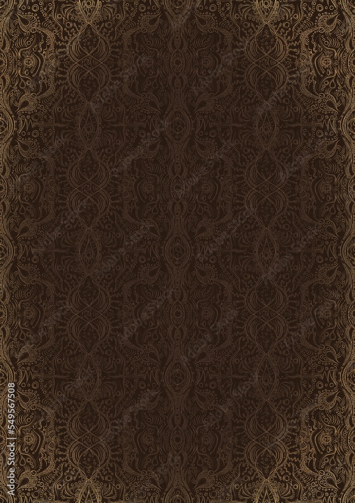 Hand-drawn unique abstract ornament. Light semi transparent brown on a dark brown background, with vignette of same pattern in golden glitter. Paper texture. Digital artwork, A4. (pattern: p09e) Hand-drawn unique abstract ornament. Light semi transparent brown on a dark brown background, with vignette of same pattern in golden glitter. Paper texture. Digital artwork, A4. (pattern: p09e)