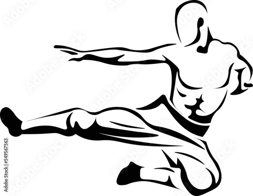 фотография Black and White Cartoon Illustration Vector of a Martial Arts Fighter Jump Kicki
