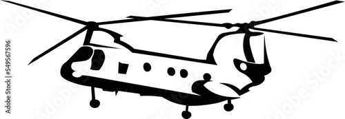 Black and White Cartoon Illustration Vector of a Chinook Military Transport Helicopter