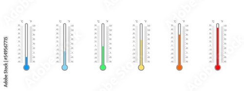 Set of Celsius and Fahrenheit meteorological thermometer scales with different temperature index. Outdoor temperature measuring tools isolated on white background. Vector flat illustration
