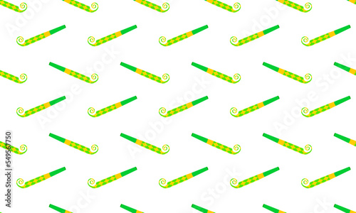 Party noisemakers background. Green and yellow blowers seamless pattern. Sound whistles for birthday celebration. Scrapbooking or wrapping paper, fabric print design. Vector cartoon illustration