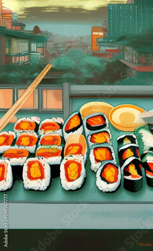 Delicious asian food sushi rolls with view city