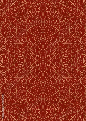 Hand-drawn unique abstract symmetrical seamless gold ornament on a bright red background. Paper texture. Digital artwork, A4. (pattern: p02-2d)