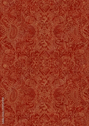 Hand-drawn unique abstract symmetrical seamless gold ornament on a bright red background. Paper texture. Digital artwork, A4. (pattern: p04d)