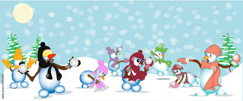 Naklejka premium snowmen playing snowballs, vector illustration, cartoon snowmen throwing snowballs