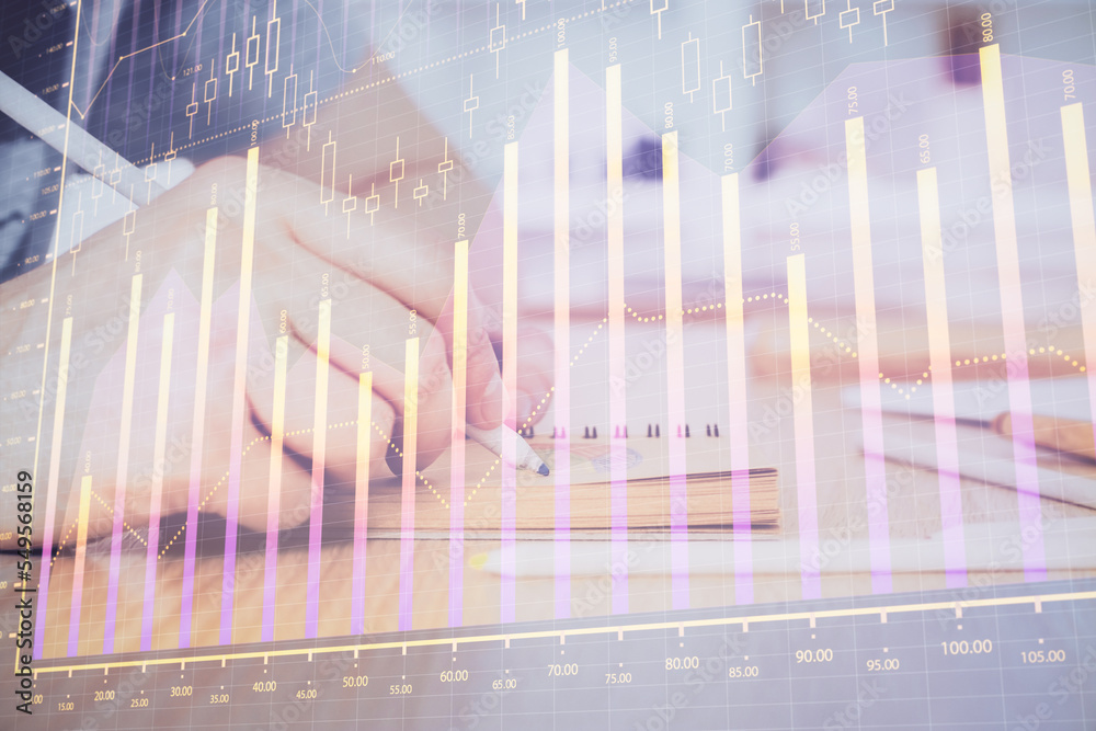 Multi exposure closeup hands with stock market forex graph. Multi exposure closeup hands with stock market forex graph.