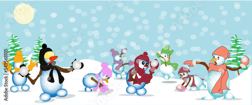 snowmen playing snowballs  vector illustration  cartoon snowmen throwing snowballs