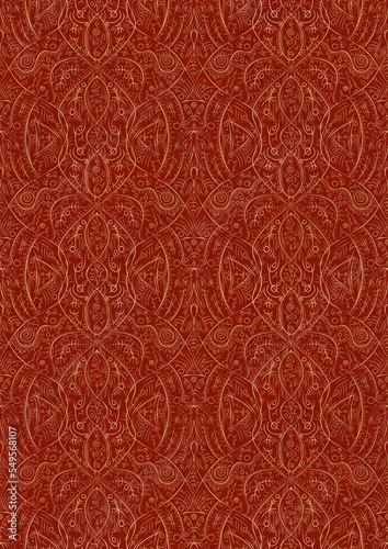 Hand-drawn unique abstract symmetrical seamless gold ornament on a bright red background. Paper texture. Digital artwork, A4. (pattern: p08-2e)