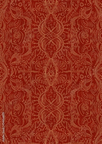 Hand-drawn unique abstract symmetrical seamless gold ornament on a bright red background. Paper texture. Digital artwork, A4. (pattern: p09d)
