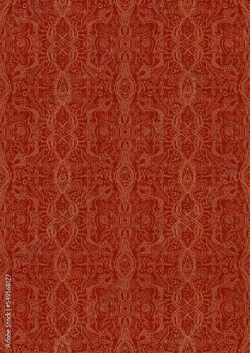 Hand-drawn unique abstract symmetrical seamless gold ornament on a bright red background. Paper texture. Digital artwork, A4. (pattern: p09e) © Maria