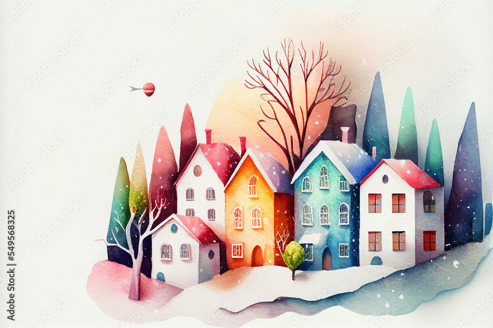 Digital illustration winter village. Christmas decorated houses. Composition with house,snow,candy. Illustration for Christmas postcards,posters,greeting cards.Cartoon decorative houses.