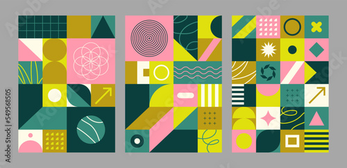 Neo geo posters. Geometric patterns. Abstract, trendy, modern and colorful covers, cards or brochures. Vector illustrations. Basic geometrical shapes. Graphic and minimalist backgrounds.