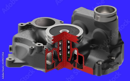 Cross section of heavy truck water pump on blue background 3D Rendering 