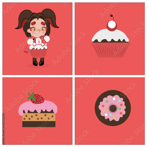 Conjunto de ilustraciones dibujadas a mano de niña y postres.
