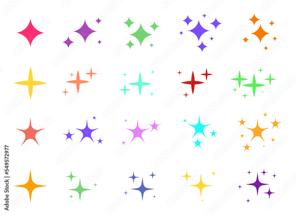 Sparkles stars icon set. Different shapes of bright firework shiny sparkle, magic twinkle, sun glare decoration. Glowing light flash effect. Starry sky space. Spark shining burst radiance explosion Sparkles stars icon set. Different shapes of bright firework shiny sparkle, magic twinkle, sun glare decoration. Glowing light flash effect. Starry sky space. Spark shining burst radiance explosion