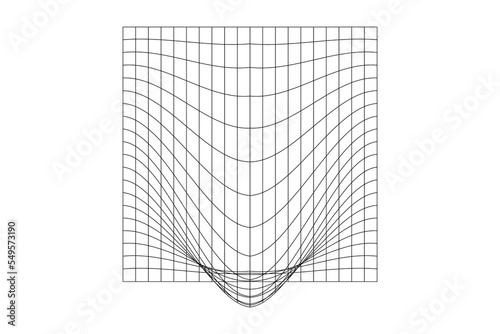 Distorted outline square grid. Warped mesh texture. Futuristic net with convex effect. Geometric deformation. Gravity phenomenon. Bented lattice surface