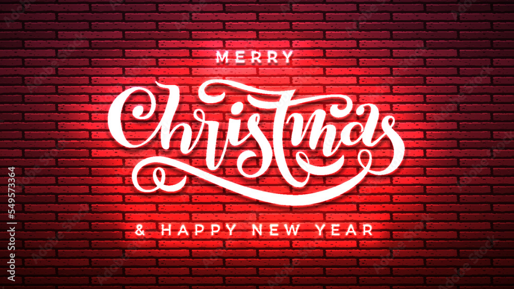 Fototapeta premium Merry Christmas Happy New Year hand lettering neon sign. Night bright fluorescent red luminous signboard banner. Glowing Xmas calligraphic poster. Winter holiday neon lights on brick wall background