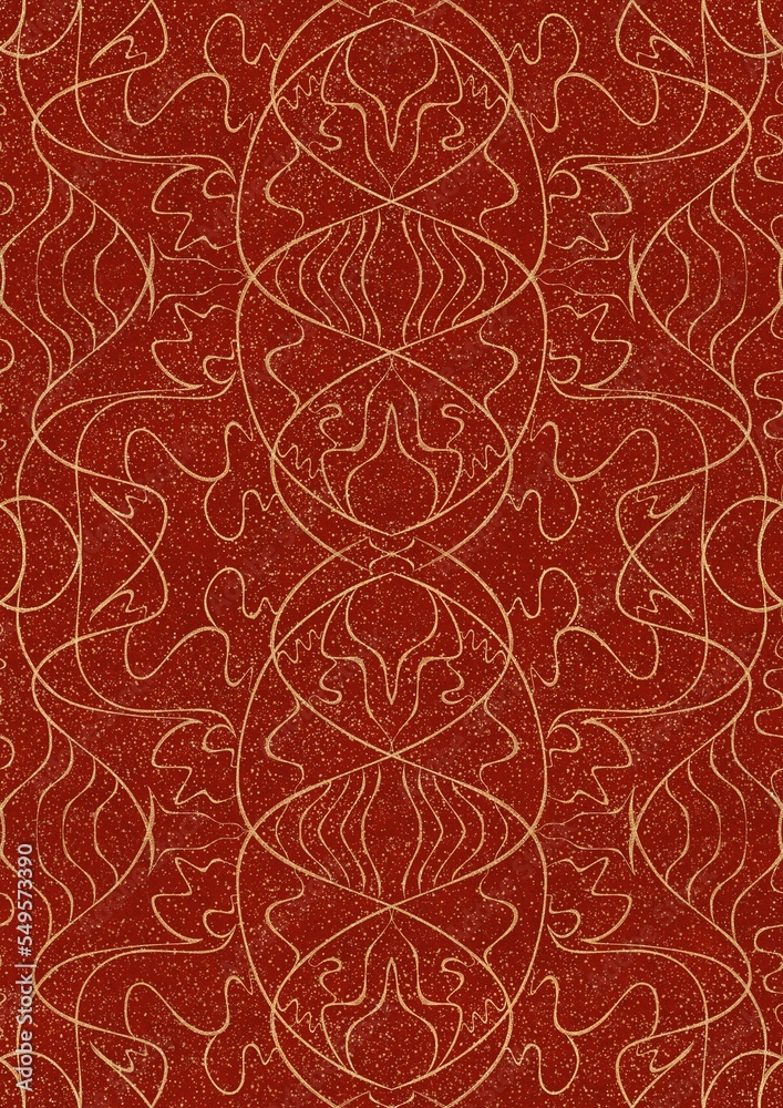 Fototapeta premium Hand-drawn unique abstract symmetrical seamless gold ornament with splatters of golden glitter on a bright red background. Paper texture. Digital artwork, A4. (pattern: p02-1d)