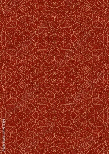 Hand-drawn unique abstract symmetrical seamless gold ornament with splatters of golden glitter on a bright red background. Paper texture. Digital artwork, A4. (pattern: p02-1e)