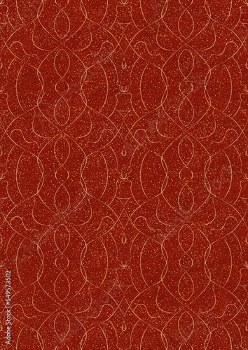 Hand-drawn unique abstract symmetrical seamless gold ornament with splatters of golden glitter on a bright red background. Paper texture. Digital artwork, A4. (pattern: p08-1e)