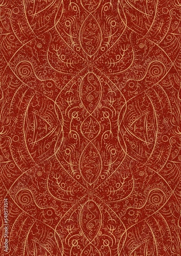 Hand-drawn unique abstract symmetrical seamless gold ornament with splatters of golden glitter on a bright red background. Paper texture. Digital artwork, A4. (pattern: p08-2d)