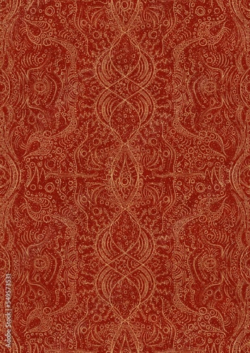 Hand-drawn unique abstract symmetrical seamless gold ornament with splatters of golden glitter on a bright red background. Paper texture. Digital artwork, A4. (pattern: p09d)