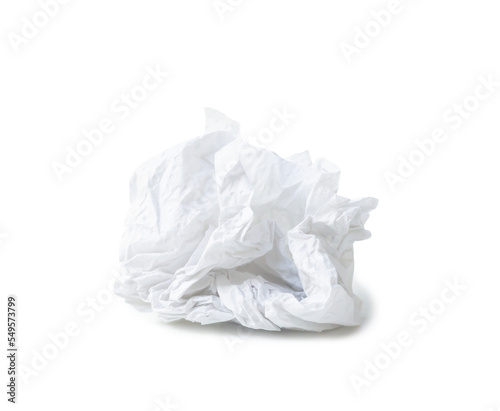 Single screwed or crumpled tissue paper or napkin in ball shape after use isolated on white background with clipping path