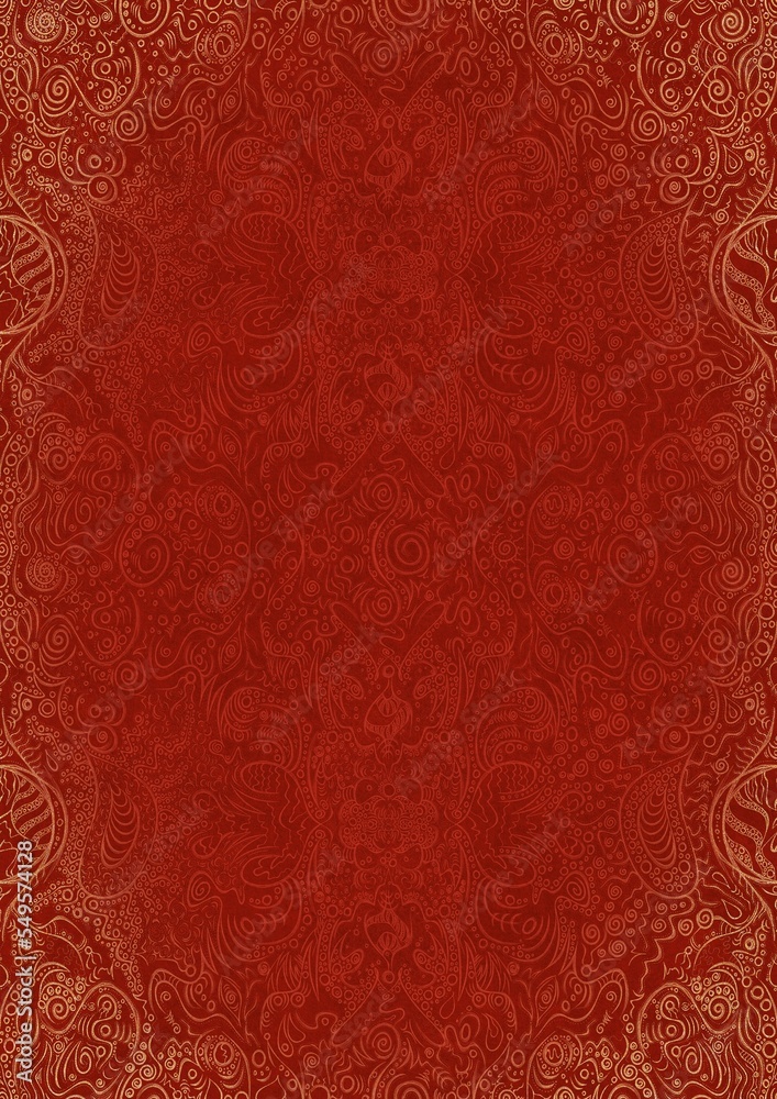 Hand-drawn unique abstract ornament. Light red on a bright red background, with vignette of same pattern in golden glitter. Paper texture. Digital artwork, A4. (pattern: p04d) Hand-drawn unique abstract ornament. Light red on a bright red background, with vignette of same pattern in golden glitter. Paper texture. Digital artwork, A4. (pattern: p04d)