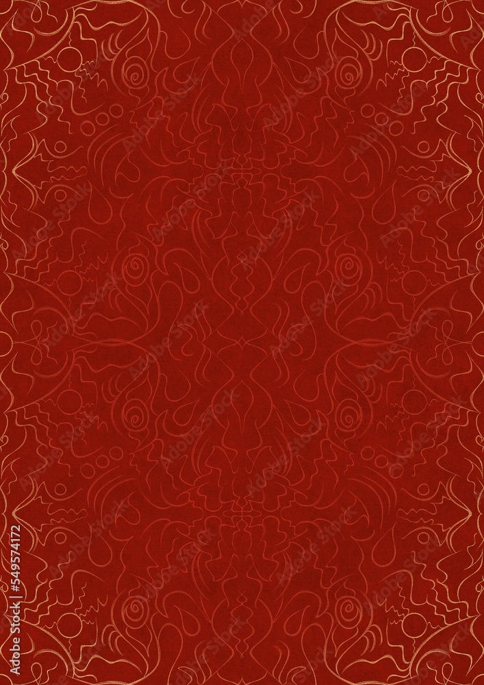 Hand-drawn unique abstract ornament. Light red on a bright red background, with vignette of same pattern in golden glitter. Paper texture. Digital artwork, A4. (pattern: p07-1d) Hand-drawn unique abstract ornament. Light red on a bright red background, with vignette of same pattern in golden glitter. Paper texture. Digital artwork, A4. (pattern: p07-1d)