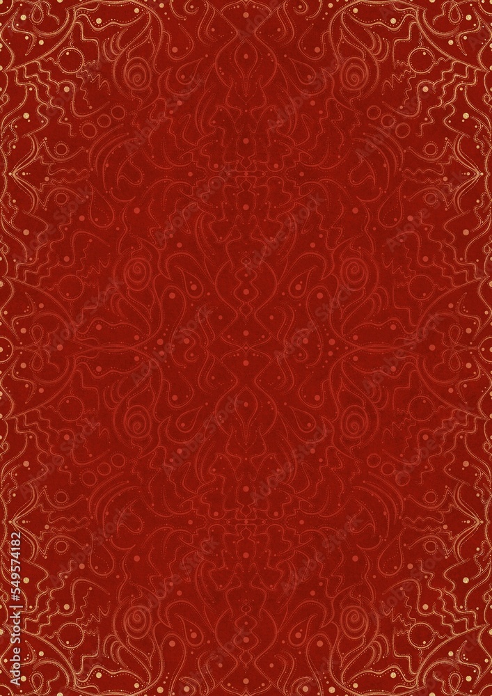 Hand-drawn unique abstract ornament. Light red on a bright red background, with vignette of same pattern in golden glitter. Paper texture. Digital artwork, A4. (pattern: p07-2d) Hand-drawn unique abstract ornament. Light red on a bright red background, with vignette of same pattern in golden glitter. Paper texture. Digital artwork, A4. (pattern: p07-2d)