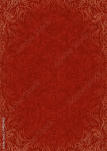 Hand-drawn unique abstract ornament. Light red on a bright red background, with vignette of same pattern in golden glitter. Paper texture. Digital artwork, A4. (pattern: p03d)
