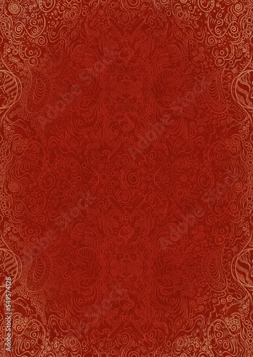 Hand-drawn unique abstract ornament. Light red on a bright red background, with vignette of same pattern in golden glitter. Paper texture. Digital artwork, A4. (pattern: p04d)