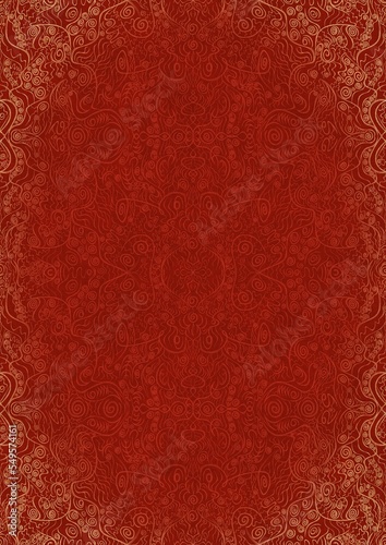 Hand-drawn unique abstract ornament. Light red on a bright red background, with vignette of same pattern in golden glitter. Paper texture. Digital artwork, A4. (pattern: p06d)