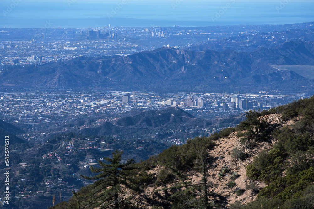 View of Glendale, Griffith Park and Century City from Mt Lowe in the Angeles National Forest and San Gabriel Mountains area of Los Angeles County, California.