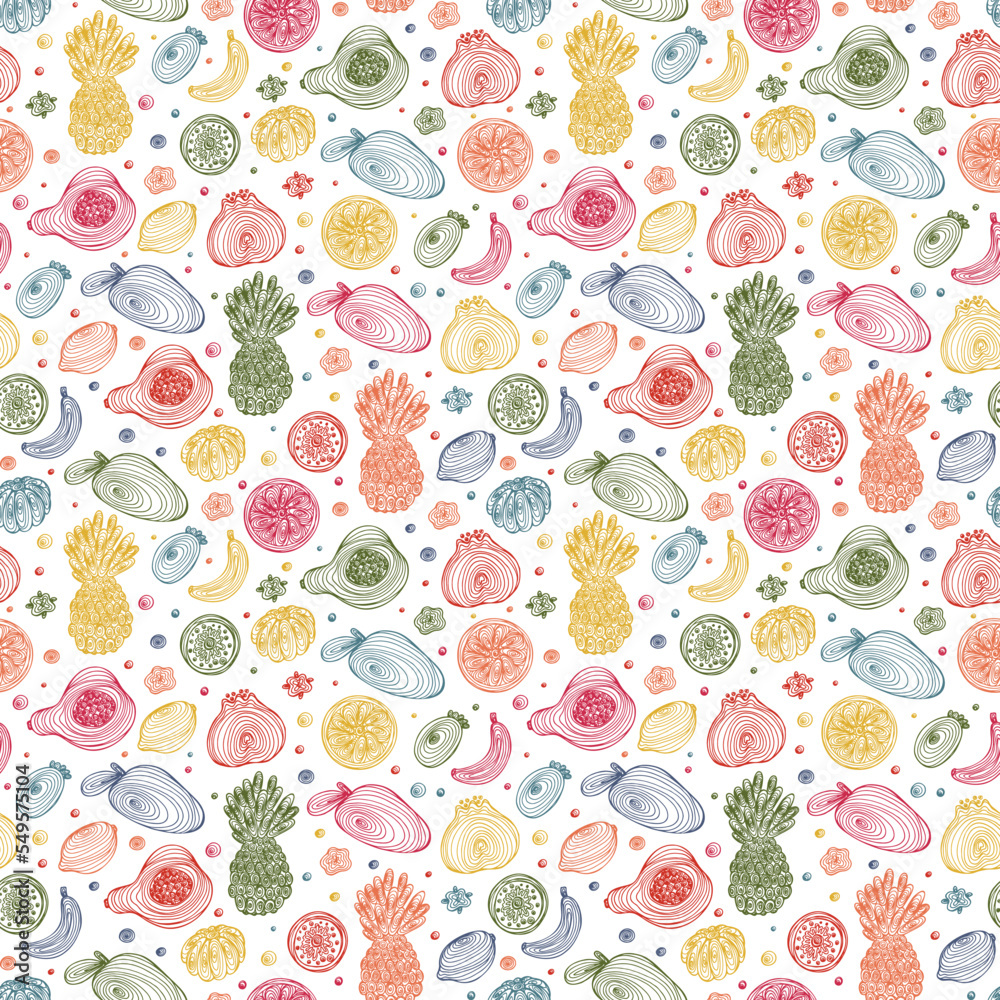 Hand Drawn Doodle Fruits with spiral pattern Seamless background. Abstract Colorful striped fruits: pineapple, banana, lemon, pomegranate, mango, pineapple guava, orange, tangerine, papaya, kiwi Hand Drawn Doodle Fruits with spiral pattern Seamless background. Abstract Colorful striped fruits: pineapple, banana, lemon, pomegranate, mango, pineapple guava, orange, tangerine, papaya, kiwi