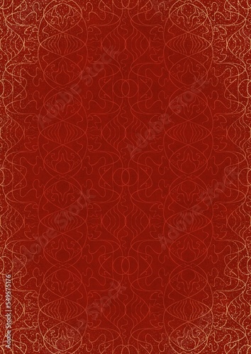 Hand-drawn unique abstract ornament. Light red on a bright red background, with vignette of same pattern and splatters in golden glitter. Paper texture. Digital artwork, A4. (pattern: p02-1e)