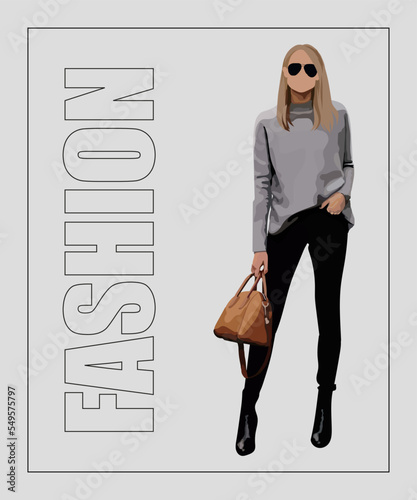 Fashion woman in sunglasses. Hand drawn stylish woman Beautiful young lady in fashion clothes. Girl on gray and stylish background with fashion inscription