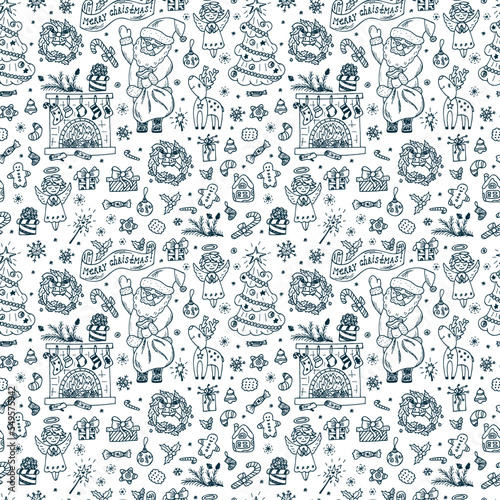 Merry Christmas. Christmas seamless pattern. Holiday background. Endless texture. Hand Drawn Doodles illustration. Black and white.