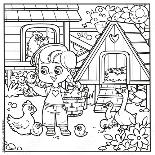 Cute cartoon girl feed chickens on the farm outlined variation coloring book on a white background