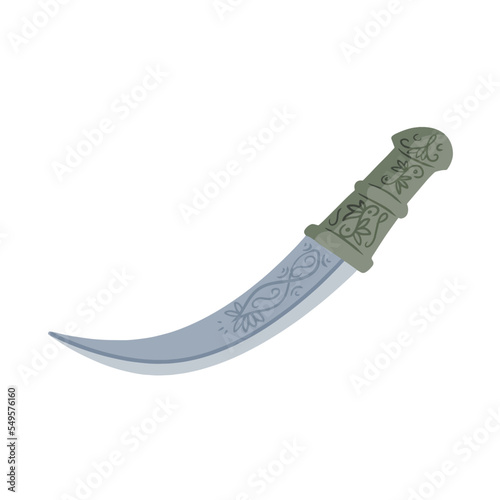 Arab dagger with curved blade. Omani culture and weapons. Yemeni knife with ornament. Flat illustration