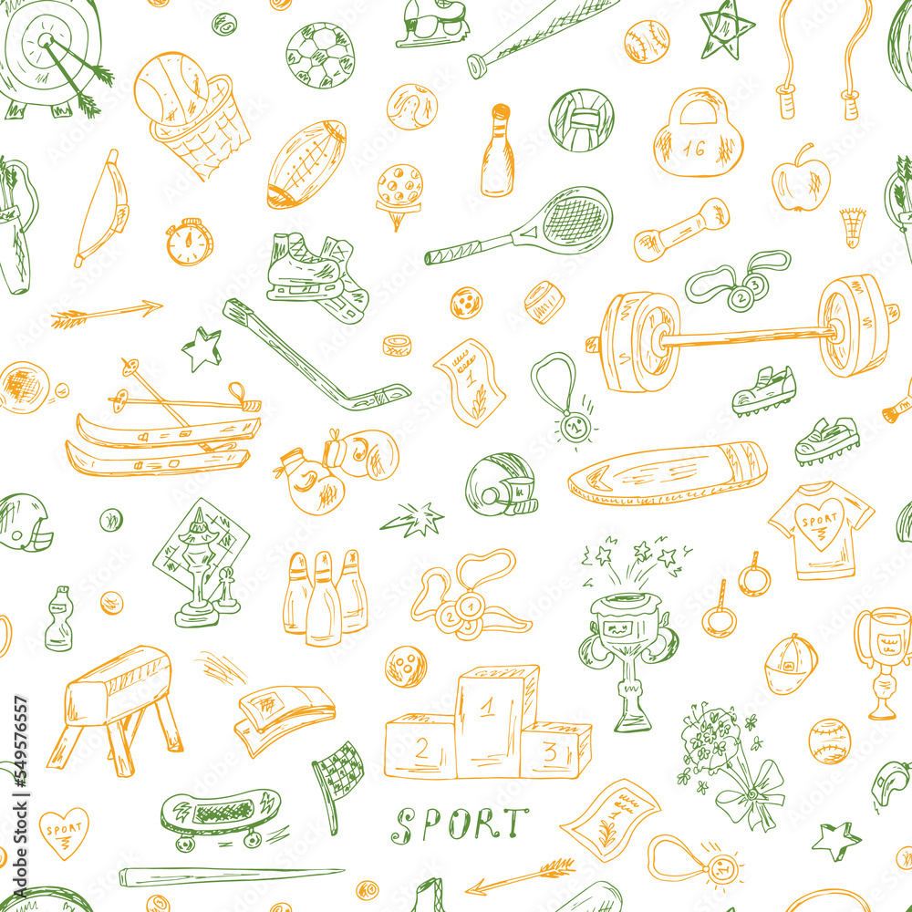 Sports. Vector Seamless pattern of sports equipment. Hand Drawn Doodles illustration. Sports. Vector Seamless pattern of sports equipment. Hand Drawn Doodles illustration.