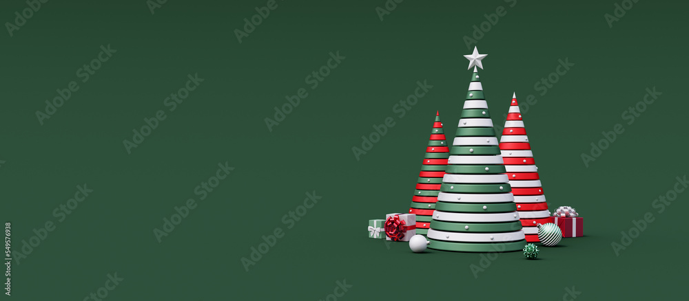 Modern decorated Christmas tree with gifts and ornaments on green background 3d render 3d illustration