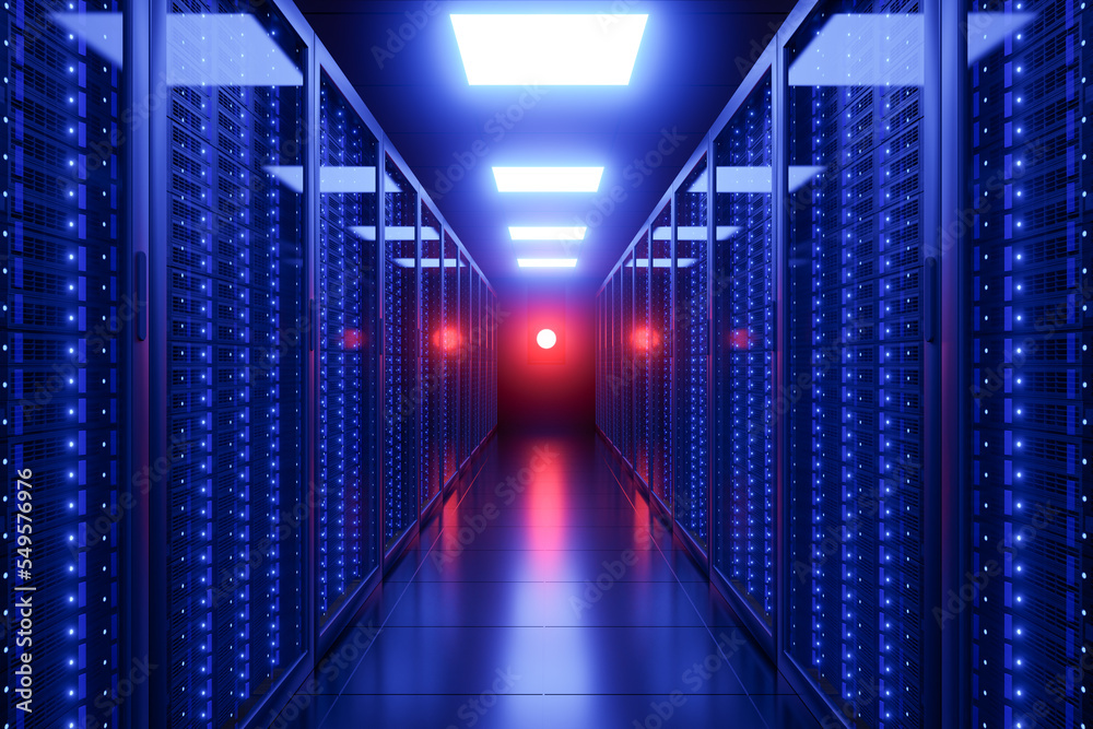 Fototapeta premium Server dark room in datacenter with blue neon lights