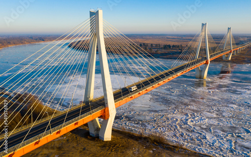 Flight over cable-stayed bridge over the Oka River. Russia