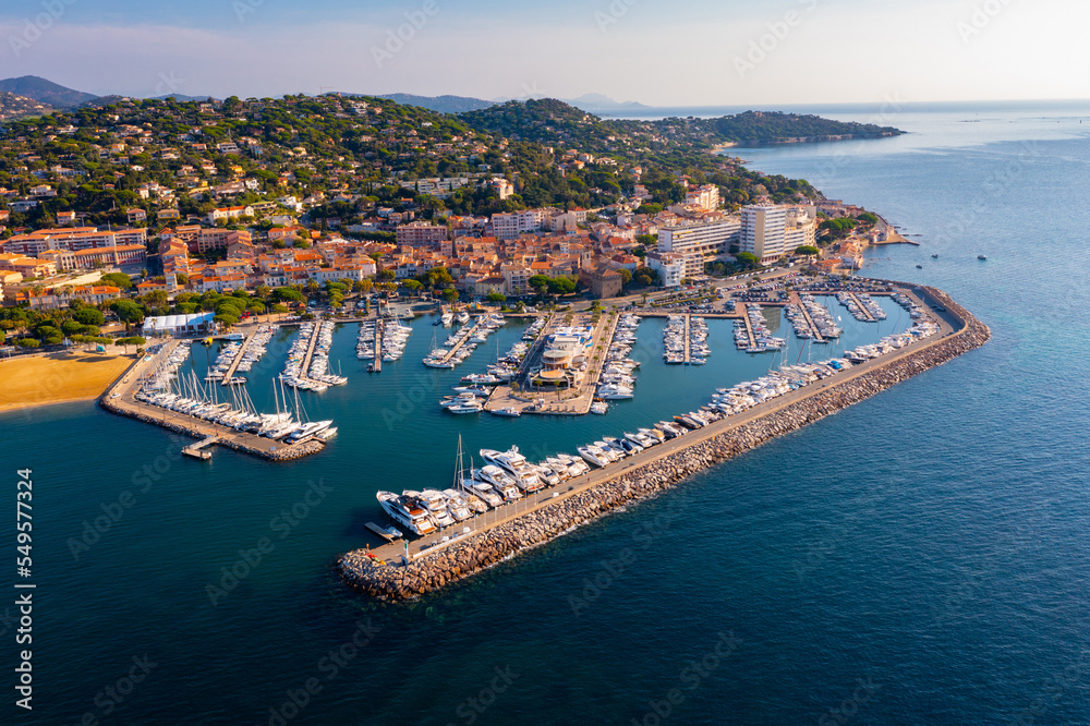 Fototapeta premium Aerial view of the small seaside town of Sainte-Maxime, located in the south-east of France on the Cote d'Azur